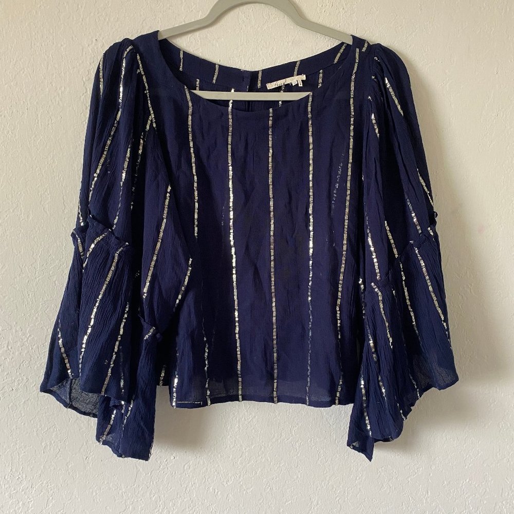Floreat Anthropologie Womens Blouse Stripe Size XS Metallic Blue Bell Sleeve Top